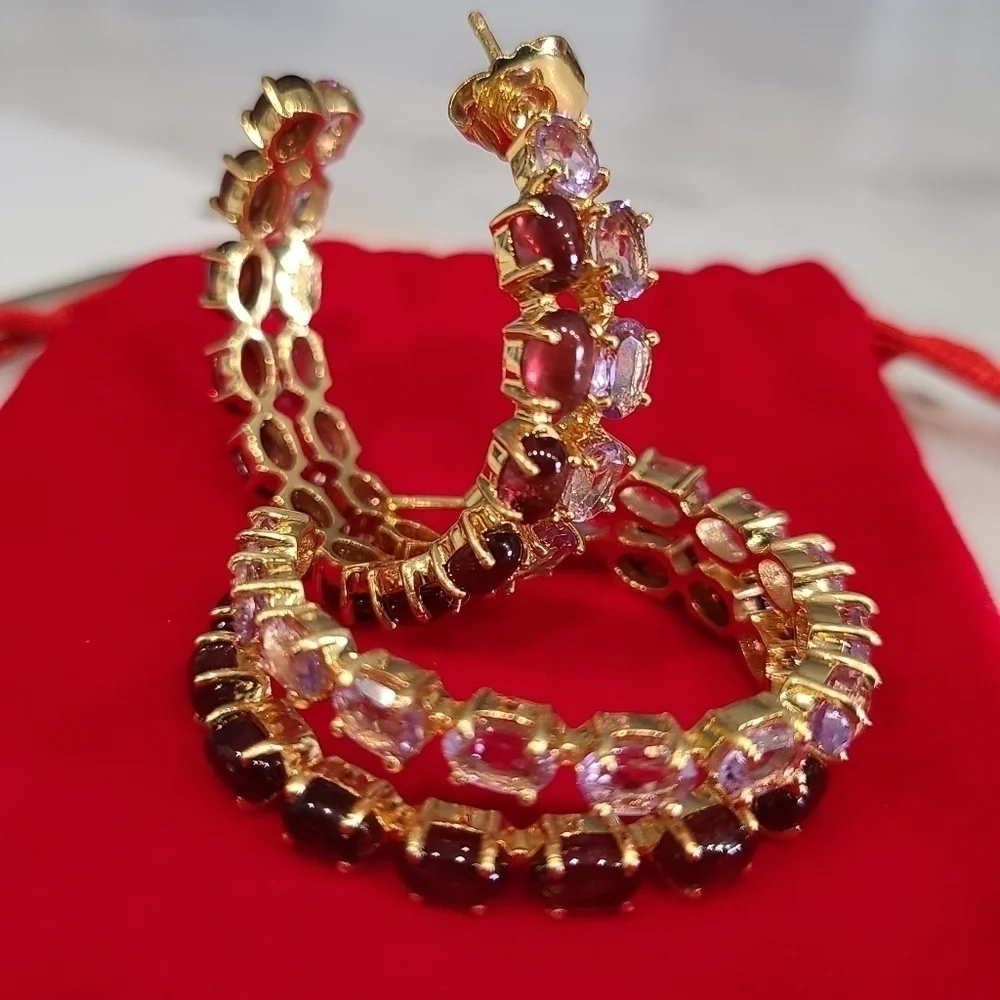 Bounkit Magaly Hoop Earrings, Amethyst | Garnet | Goldtone, NWT